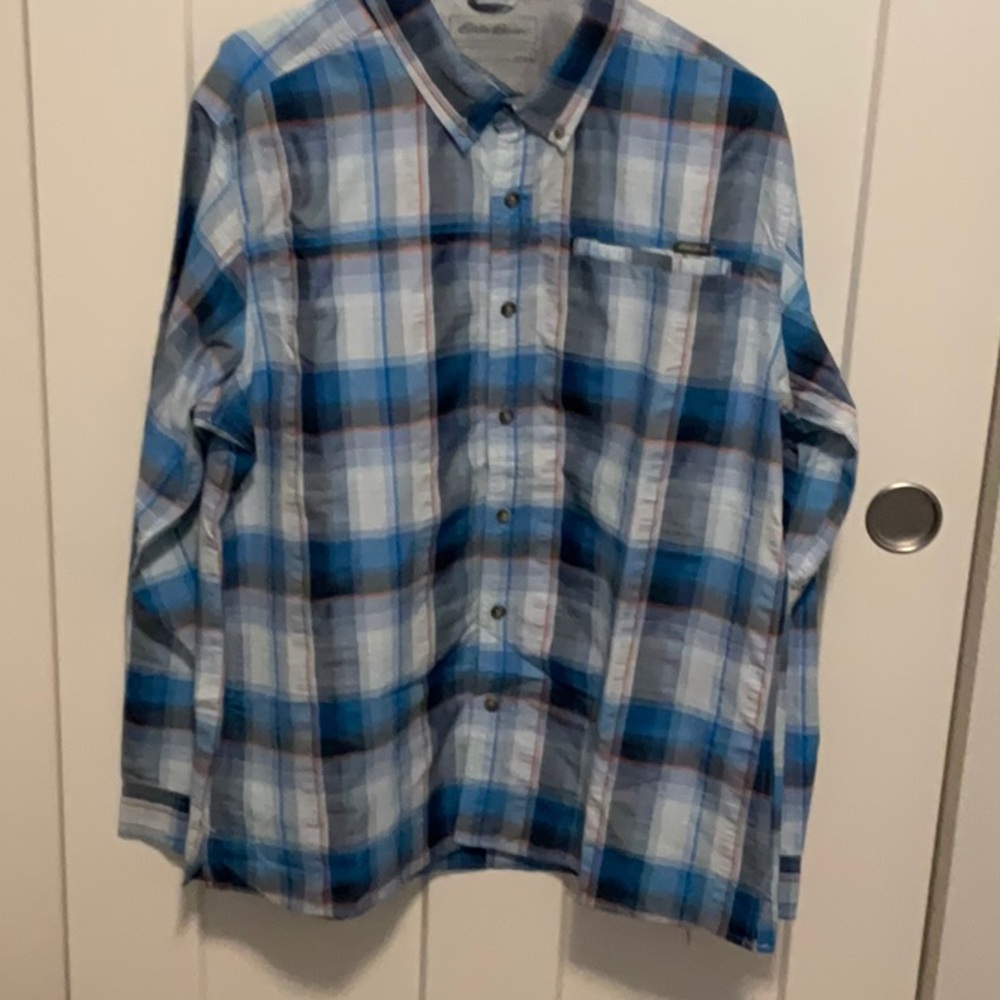 Eddie Bauer Blue Plaid Casual Button Down Shirt